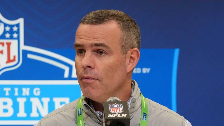 Feb 25, 2025; Indianapolis, IN, USA; Buffalo Bills general manager Brandon Beane speaks during the NFL Scouting Combine at the Indiana Convention Center. Mandatory Credit: Kirby Lee-Imagn Images