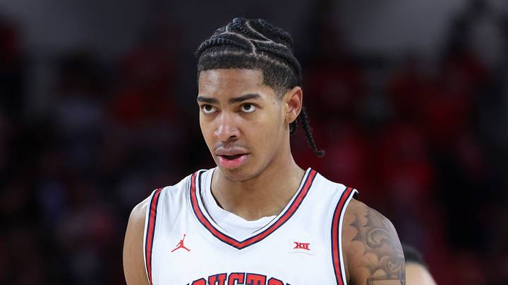 Dec 10, 2025; Houston, Texas, USA; Houston Cougars forward Chris Cenac Jr. (5) reaccts after a play during the first half against the Jackson State Tigers at Fertitta Center. Mandatory Credit: Troy Taormina-Imagn Images