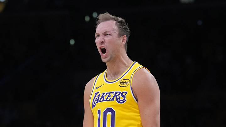 Los Angeles Lakers guard Luke Kennard (10) celebrates against the Houston Rockets in the second half during game one of the first round of the 2026 NBA Playoffs at Crypto.com Arena on April 18, 2026.