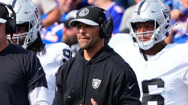 Sep 17, 2023; Orchard Park, New York, USA; Las Vegas Raiders head coach Josh McDaniels and pass game coordinator Scott Turner look on from the sidelines against the Buffalo Bills during the second half at Highmark Stadium. Mandatory Credit: Gregory Fisher-Imagn Images