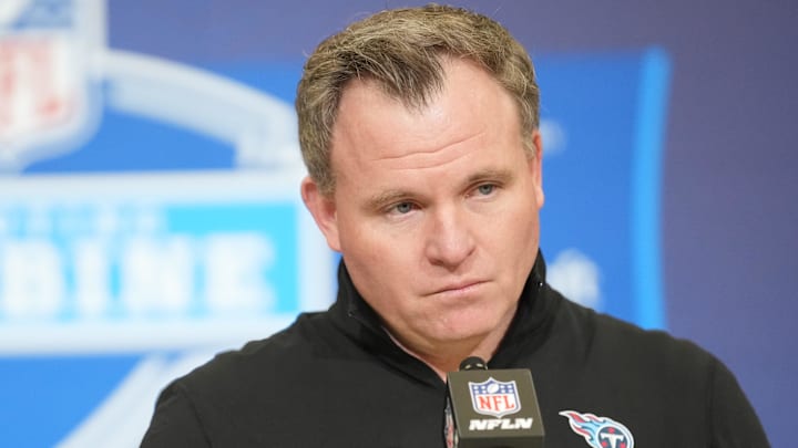 Feb 25, 2026; Indianapolis, IN, USA; Tennessee Titans general manager Mike Borgonzi speaks during the NFL Scouting Combine at the Indiana Convention Center. Mandatory Credit: Kirby Lee-Imagn Images