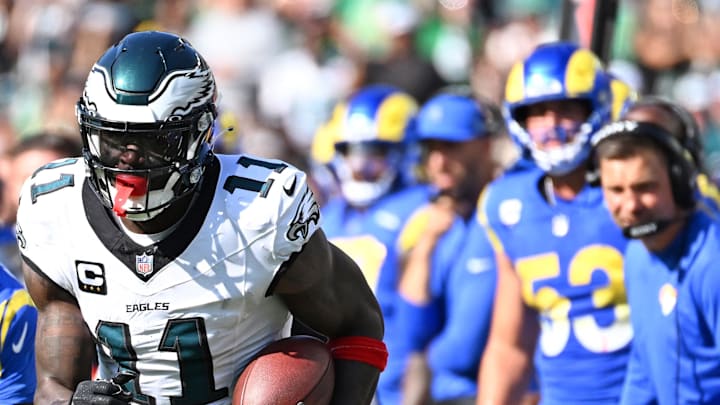 Philadelphia Eagles wide receiver AJ. Brown (11) against the Los Angeles Rams. Mandatory Credit: Eric Hartline-Imagn Images