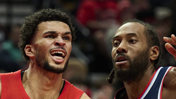 Portland Trail Blazers forward Toumani Camara drives to the basket against LA Clippers forward Kawhi Leonard