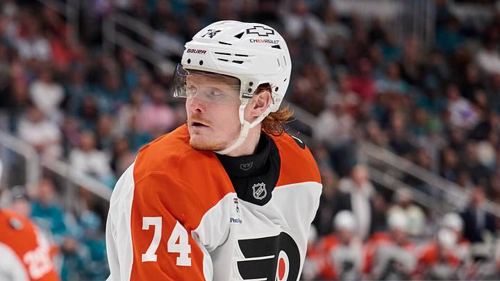 Mar 21, 2026; San Jose, California, USA; Philadelphia Flyers right wing Owen Tippett (74) watches the play against the San Jose Sharks during the second period at SAP Center at San Jose. Mandatory Credit: Robert Edwards-Imagn Images