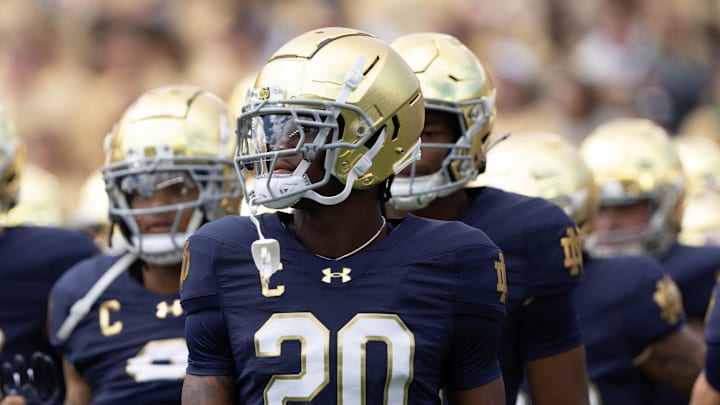 Notre Dame corner back Benjamin Morrison (20) walks with his team during warm ups before a NCAA college football game between Notre Dame and Northern Illinois at Notre Dame Stadium on Saturday, Sept. 7, 2024, in South Bend.