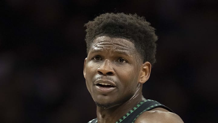 Minnesota Timberwolves guard Anthony Edwards looks on during a free throws against the Toronto Raptors.