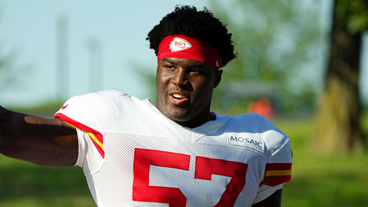 Jul 28, 2023; St. Joseph, MO, USA; Kansas City Chiefs defensive end Truman Jones (57) greets fans as he arrives prior to training camp at Missouri Western State University. Mandatory Credit: Jay Biggerstaff-Imagn Images