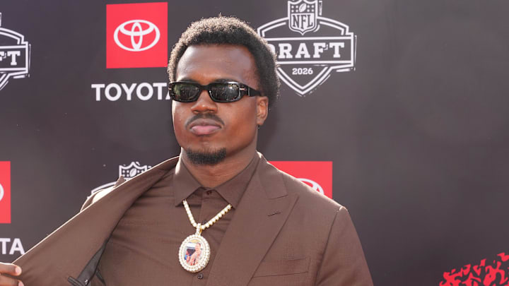 Apr 23, 2026; Pittsburgh, PA, USA; Miami Hurricanes defensive end Rueben Bain Jr. poses on the red carpet before the 2026 NFL Draft at Point State Park. Mandatory Credit: Kirby Lee-Imagn Images
