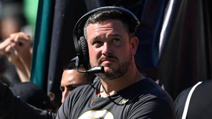 Sep 20, 2025; Eugene, Oregon, USA; Oregon Ducks head coach Dan Lanning looks on during the fourth quarter of the game against the Oregon State Beavers at Autzen Stadium. Mandatory Credit: Troy Wayrynen-Imagn Images