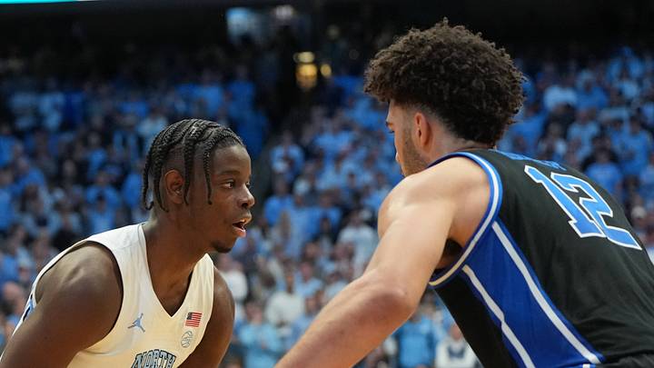 Feb 7, 2026; Chapel Hill, North Carolina, USA; North Carolina Tar Heels forward Caleb Wilson (8) with the ball as Duke Blue Devils forward Cameron Boozer (12) defends in the second half at Dean E. Smith Center. Mandatory Credit: Bob Donnan-Imagn Images Feb 7, 2026; Chapel Hill, North Carolina, USA; North Carolina Tar Heels forward Caleb Wilson (8) with the ball as Duke Blue Devils forward Cameron Boozer (12) defends in the second half at Dean E. Smith Center. Mandatory Credit: Bob Donnan-Imagn Images