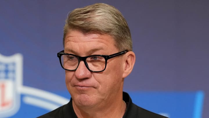 Feb 24, 2026; Indianapolis, IN, USA; Tampa Bay Buccaneers general manager Jason Licht speaks at the NFL Scouting Combine at the Indiana Convention Center. Mandatory Credit: Kirby Lee-Imagn Images