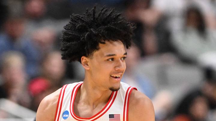 Arizona Wildcats guard Brayden Burries (5) celebrates after a play against the Arkansas Razorbacks in the second half during a Sweet Sixteen game of the West Regional of the men's 2026 NCAA Tournament at SAP Center on March 26, 2026.