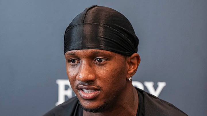 Jul 29, 2026; Atlanta, Falcons, USA; Atlanta Falcons quarterback Michael Penix Jr. (9) talks to the media during the first day of training camp at IBM Performance Field. Mandatory Credit: Dale Zanine-Imagn Images