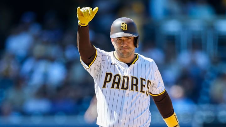 Sep 3, 2025; San Diego, California, USA; San Diego Padres shortstop Jose Iglesias (7) celebrates after hitting a double during the fifth inning against the Baltimore Orioles at Petco Park. Mandatory Credit: David Frerker-Imagn Images
