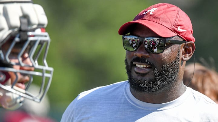 The Crimson Tide players and coaches continue working toward the season opener in practice Tuesday, Aug. 13, 2024. Alabama defensive line coach Freddie Roach works with his players. The Crimson Tide players and coaches continue working toward the season opener in practice Tuesday, Aug. 13, 2024. Alabama defensive line coach Freddie Roach works with his players.