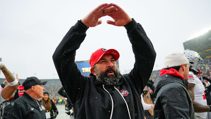 Ohio State Buckeyes defensive coordinator Matt Patricia celebrates after defeating the Michigan Wolverines in the NCAA football game at Michigan Stadium on Saturday, Nov. 29, 2025 in Ann Arbor, Michigan.