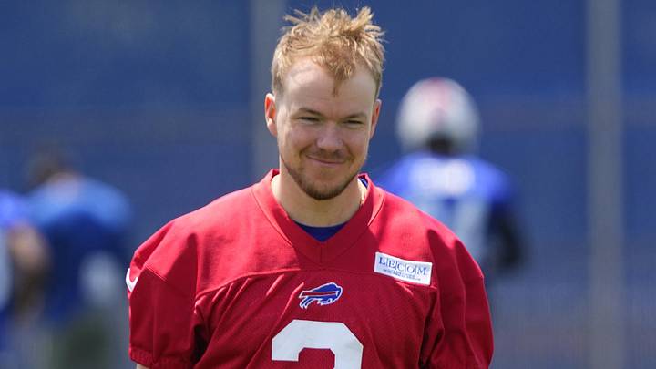 Buffalo Bills place kicker Tyler Bass (2) walks to the sideline during Buffalo Bills Minicamp. Buffalo Bills place kicker Tyler Bass (2) walks to the sideline during Buffalo Bills Minicamp.