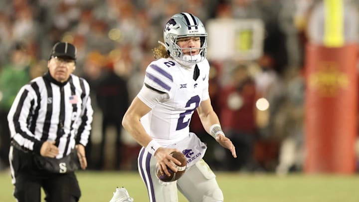Nov 30, 2024; Ames, Iowa, USA; Kansas State Wildcats quarterback Avery Johnson (2) looks to pass against the Iowa State Cyclones in the first quarter at at Jack Trice Stadium. Mandatory Credit: Reese Strickland-Imagn Images