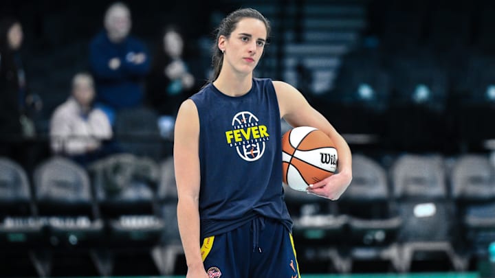Apr 25, 2026; Brooklyn, NY, USA; Indiana Fever guard Caitlin Clark (22) warms up before a game against the New York Liberty at Barclays Center. Mandatory Credit: John Jones-Imagn Images