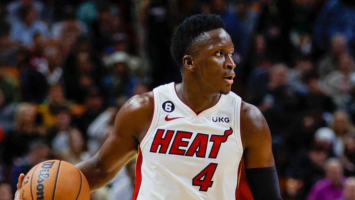 Dec 26, 2022; Miami, Florida, USA; Miami Heat guard Victor Oladipo (4) dribbles the basketball as Minnesota Timberwolves guard Austin Rivers (25) defends during the second quarter at FTX Arena. Dec 26, 2022; Miami, Florida, USA; Miami Heat guard Victor Oladipo (4) dribbles the basketball as Minnesota Timberwolves guard Austin Rivers (25) defends during the second quarter at FTX Arena.