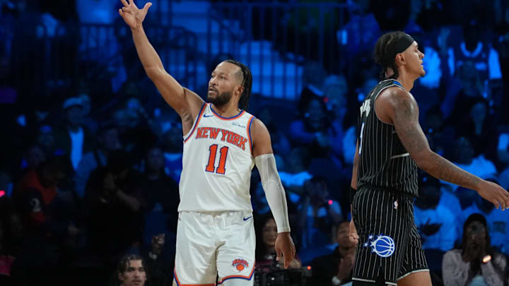 Dec 13, 2025; Las Vegas, Nevada, USA; New York Knicks guard Jalen Brunson (11) reacts as Orlando Magic forward Paolo Banchero (5) walks away during the third quarter at T-Mobile Arena. Mandatory Credit: Kirby Lee-Imagn Images Dec 13, 2025; Las Vegas, Nevada, USA; New York Knicks guard Jalen Brunson (11) reacts as Orlando Magic forward Paolo Banchero (5) walks away during the third quarter at T-Mobile Arena. Mandatory Credit: Kirby Lee-Imagn Images