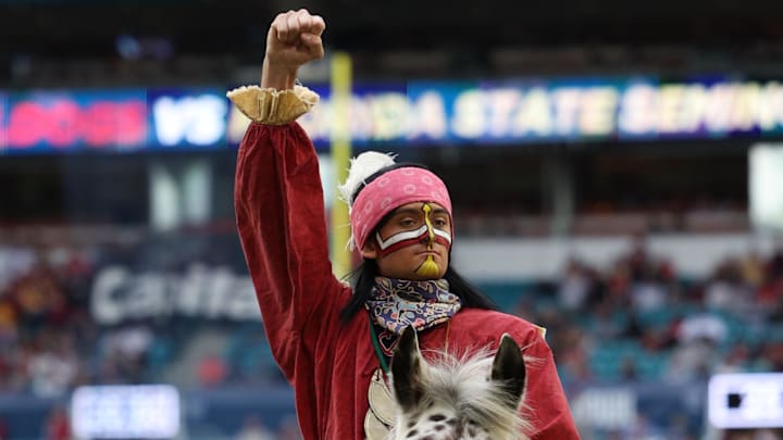 Dec 30, 2023; Miami Gardens, FL, USA; Florida State Seminoles mascot Chief Osceola and Renegade take the field before the game in the 2023 Orange Bowl against the Georgia Bulldogs at Hard Rock Stadium. Mandatory Credit: Nathan Ray Seebeck-Imagn Images Dec 30, 2023; Miami Gardens, FL, USA; Florida State Seminoles mascot Chief Osceola and Renegade take the field before the game in the 2023 Orange Bowl against the Georgia Bulldogs at Hard Rock Stadium. Mandatory Credit: Nathan Ray Seebeck-Imagn Images