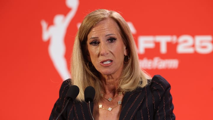 Apr 14, 2025; New York, New York, USA; WNBA commissioner Cathy Engelbert talks to the media before the 2025 WNBA Draft at The Shed at Hudson Yards. Mandatory Credit: Vincent Carchietta-Imagn Images Apr 14, 2025; New York, New York, USA; WNBA commissioner Cathy Engelbert talks to the media before the 2025 WNBA Draft at The Shed at Hudson Yards. Mandatory Credit: Vincent Carchietta-Imagn Images