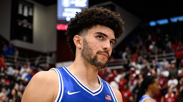 Jan 17, 2026; Stanford, California, USA; Duke Blue Devils forward Cameron Boozer (12) looks on after the game against the Stanford Cardinal at Maples Pavilion. Mandatory Credit: Eakin Howard-Imagn Images