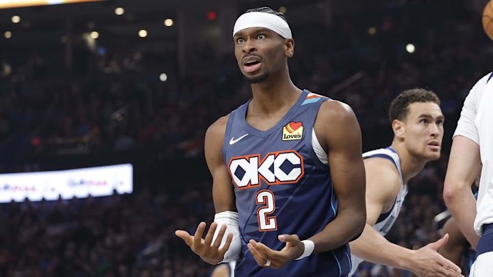 Dec 5, 2025; Oklahoma City, Oklahoma, USA; Oklahoma City Thunder guard Shai Gilgeous-Alexander (2) reacts after a call against him following a defensive play against the Dallas Mavericks during the second quarter at Paycom Center. Mandatory Credit: Alonzo Adams-Imagn Images Dec 5, 2025; Oklahoma City, Oklahoma, USA; Oklahoma City Thunder guard Shai Gilgeous-Alexander (2) reacts after a call against him following a defensive play against the Dallas Mavericks during the second quarter at Paycom Center. Mandatory Credit: Alonzo Adams-Imagn Images