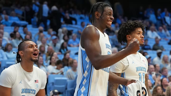 Jan 21, 2026; Chapel Hill, North Carolina, USA; North Carolina Tar Heels forward Jarin Stevenson (15) and forward Caleb Wilson (8) and forward Jonathan Powell (11) react in the second half at Dean E. Smith Center. Mandatory Credit: Bob Donnan-Imagn Images Jan 21, 2026; Chapel Hill, North Carolina, USA; North Carolina Tar Heels forward Jarin Stevenson (15) and forward Caleb Wilson (8) and forward Jonathan Powell (11) react in the second half at Dean E. Smith Center. Mandatory Credit: Bob Donnan-Imagn Images