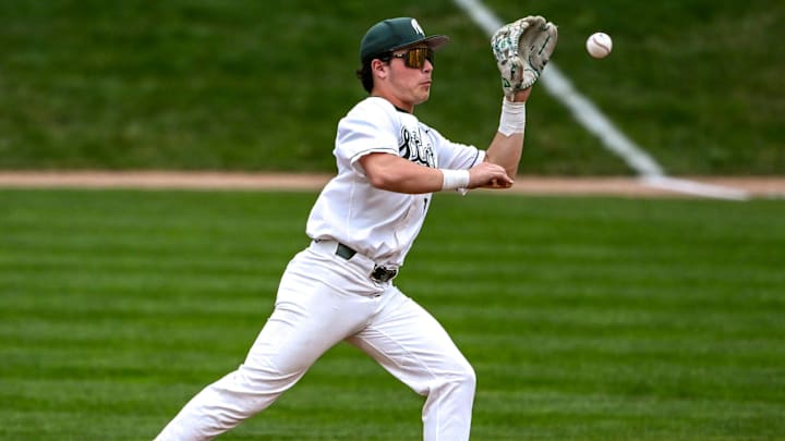 Michigan State's Ryan McKay fields a ball for an out against Ohio State during the fifth inning on Friday, April 18, 2025, at McLane Stadium in East Lansing.