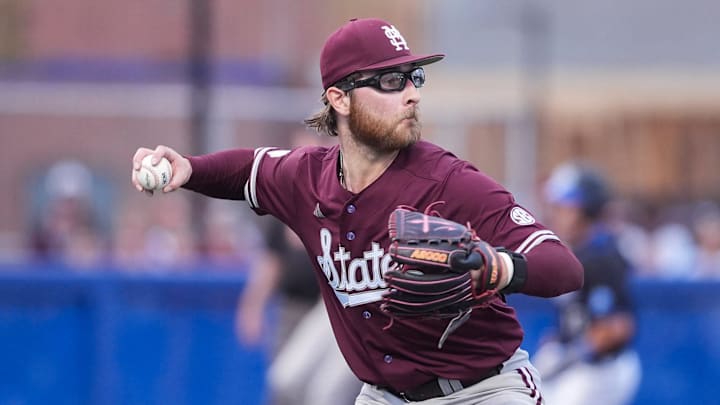 Mississippi State's Jacob Pruitt (30) throws the ball to first base during the game between Mississippi State and the University of Memphis at FedExPark in Memphis, Tenn., on Tuesday, April 1, 2025.