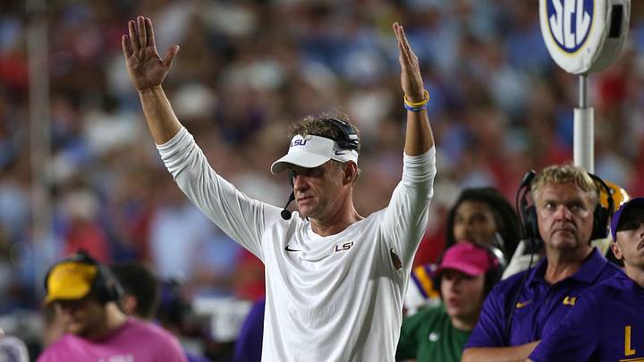 Louisiana State Tigers head coach Lane Kiffin reacts after a play against the Mississippi Rebels during the third quarter at Vaught-Hemingway Stadium. Louisiana State Tigers head coach Lane Kiffin reacts after a play against the Mississippi Rebels during the third quarter at Vaught-Hemingway Stadium.