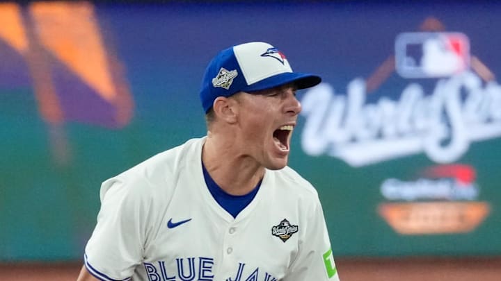 Oct 24, 2025; Toronto, Ontario, CAN; Toronto Blue Jays pitcher Chris Bassitt (40) celebrates after throwing against the Los Angeles Dodgers in the eighth inning during game one of the 2025 MLB World Series at Rogers Centre. Mandatory Credit: Kevin Sousa-Imagn Images