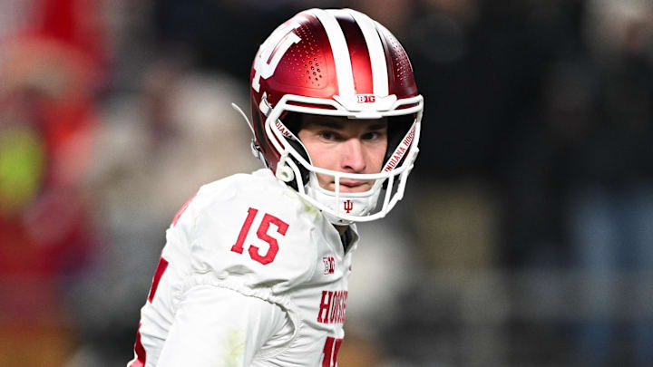 Nov 28, 2025; West Lafayette, Indiana, USA; Indiana Hoosiers quarterback Fernando Mendoza (15) looks on during the third quarter against the Purdue Boilermakers at Ross-Ade Stadium. Mandatory Credit: Marc Lebryk-Imagn Images