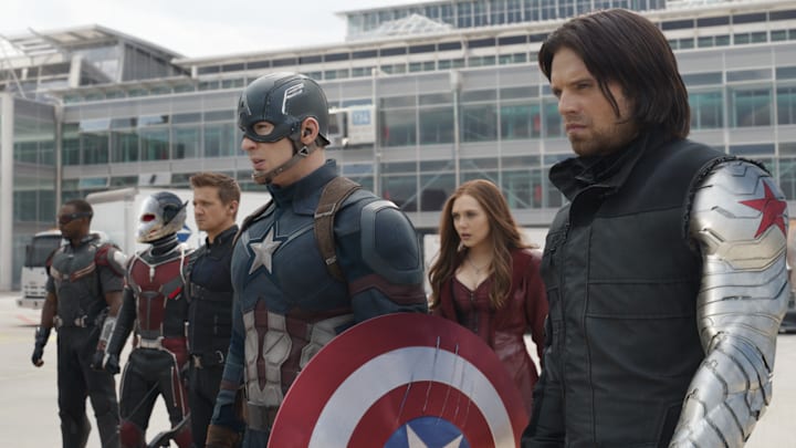 Marvel's Captain America: Civil War..L to R: Falcon/Sam Wilson (Anthony Mackie), Ant-Man/Scott Lang (Paul Rudd), Hawkeye/Clint Barton (Jeremy Renner), Captain America/Steve Rogers (Chris Evans), Scarlet Witch/Wanda Maximoff (Elizabeth Olsen) and Winter Soldier/Bucky Barnes (Sebastian Stan)..Photo Credit: Film Frame..© Marvel 2016