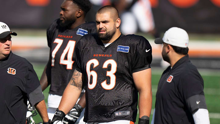 Cincinnati Bengals guard Dylan Fairchild (63) takes the field during Bengals Camp practice at Paycor Stadium in Cincinnati on Aug. 2, 2025. Cincinnati Bengals guard Dylan Fairchild (63) takes the field during Bengals Camp practice at Paycor Stadium in Cincinnati on Aug. 2, 2025.
