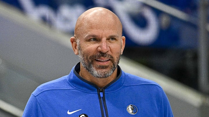 Feb 23, 2023; Dallas, Texas, USA; Dallas Mavericks head coach Jason Kidd during the game between the Dallas Mavericks and the San Antonio Spurs at American Airlines Center. Mandatory Credit: Jerome Miron-Imagn Images
