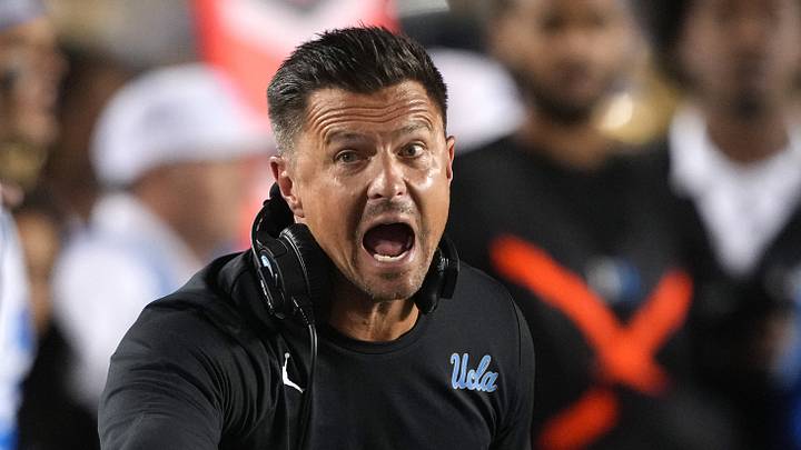 Sep 5, 2026; Berkeley, California, USA; UCLA Bruins head coach Bob Chesney (center) yells at field judge Timothy Maguire (left) during the first quarter against the California Golden Bears at California Memorial Stadium. Mandatory Credit: Darren Yamashita-Imagn Images Sep 5, 2026; Berkeley, California, USA; UCLA Bruins head coach Bob Chesney (center) yells at field judge Timothy Maguire (left) during the first quarter against the California Golden Bears at California Memorial Stadium. Mandatory Credit: Darren Yamashita-Imagn Images