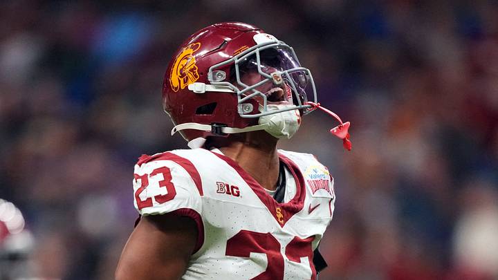Dec 30, 2025; San Antonio, TX, USA; Southern California Trojans linebacker Desman Stephens II (23) celebrates against the TCU Horned Frogs in the second half during the Alamo Bowl at Alamodome. Mandatory Credit: Kirby Lee-Imagn Images Dec 30, 2025; San Antonio, TX, USA; Southern California Trojans linebacker Desman Stephens II (23) celebrates against the TCU Horned Frogs in the second half during the Alamo Bowl at Alamodome. Mandatory Credit: Kirby Lee-Imagn Images