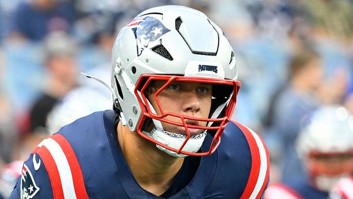 Aug 13, 2026; Foxborough, Massachusetts, USA; New England Patriots offensive tackle Caleb Lomu (74) warms up before a game against the Indianapolis Colts at Gillette Stadium. Mandatory Credit: Eric Canha-Imagn Images