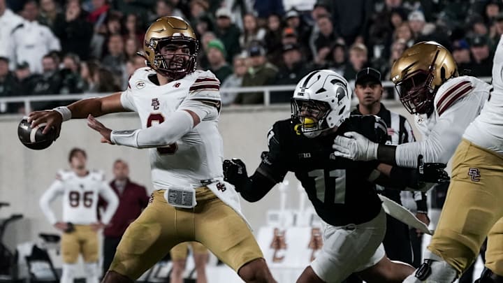 Sep 6, 2025; East Lansing, Michigan, USA; Boston College quarterback Dylan Lonergan (9) throws the ball in the second quarter at Spartan Stadium. Mandatory Credit: Brendan Mullin-Imagn Images Sep 6, 2025; East Lansing, Michigan, USA; Boston College quarterback Dylan Lonergan (9) throws the ball in the second quarter at Spartan Stadium. Mandatory Credit: Brendan Mullin-Imagn Images