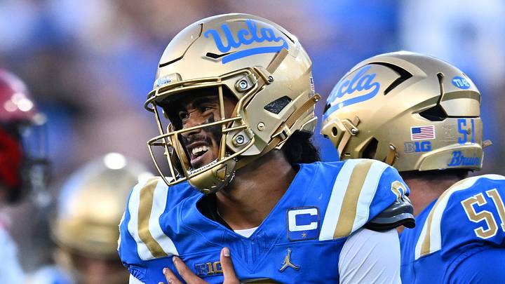 Sep 12, 2026; Pasadena, California, USA; UCLA quarterback Nico Iamaleava (9) reacts after being taken down by San Diego State linebacker Cameron Cooper (42) during the second half at the Rose Bowl. Mandatory Credit: William Liang-Imagn Images Sep 12, 2026; Pasadena, California, USA; UCLA quarterback Nico Iamaleava (9) reacts after being taken down by San Diego State linebacker Cameron Cooper (42) during the second half at the Rose Bowl. Mandatory Credit: William Liang-Imagn Images