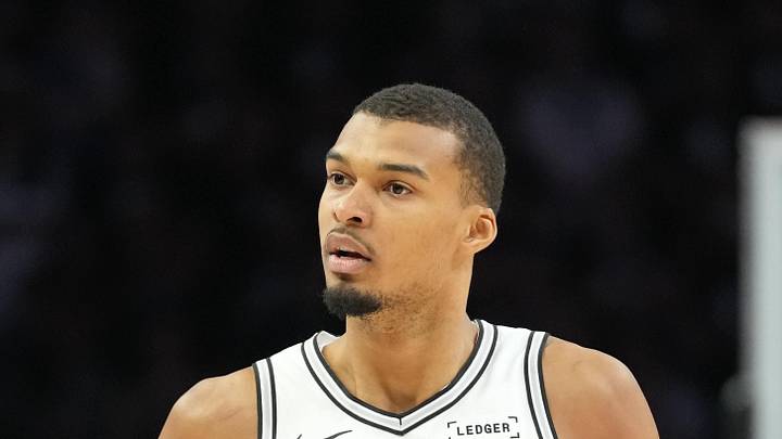 May 15, 2026; Minneapolis, Minnesota, USA; San Antonio Spurs forward Victor Wembanyama (1) looks on again the Minnesota Timberwolves in the first half during game six of the second round of the 2026 NBA Playoffs at Target Center. Mandatory Credit: Jesse Johnson-Imagn Images