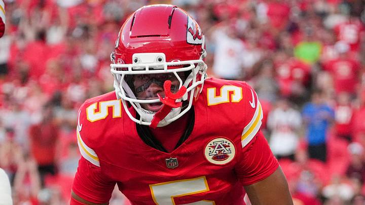 Aug 28, 2026; Kansas City, Missouri, USA; Kansas City Chiefs cornerback Mansoor Delane (5) celebrates with defensive end George Karlaftis (56) after a play against the Seattle Seahawks during the first half of the game at Arrowhead Stadium. Mandatory Credit: Denny Medley-Imagn Images Aug 28, 2026; Kansas City, Missouri, USA; Kansas City Chiefs cornerback Mansoor Delane (5) celebrates with defensive end George Karlaftis (56) after a play against the Seattle Seahawks during the first half of the game at Arrowhead Stadium. Mandatory Credit: Denny Medley-Imagn Images