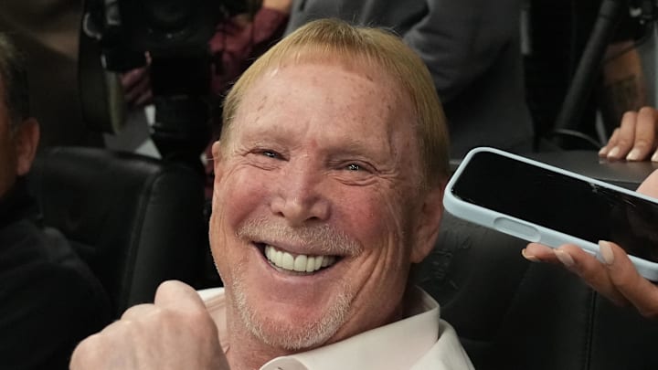 Feb 10, 2026; Henderson, NV, USA;  Las Vegas Raiders owner Mark Davis is interviewed by Henderson Review Journal reporter Callie Fin at a press conference at Intermountain Health Performance Center. Mandatory Credit: Kirby Lee-Imagn Images