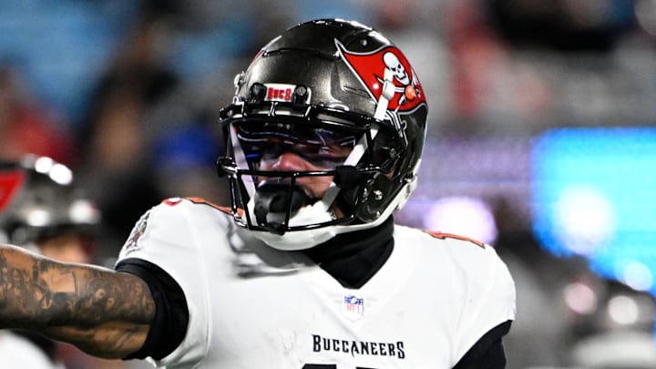 Dec 1, 2024; Charlotte, North Carolina, USA; Tampa Bay Buccaneers wide receiver Sterling Shepard (17) signals first down in the fourth quarter at Bank of America Stadium. Mandatory Credit: Bob Donnan-Imagn Images