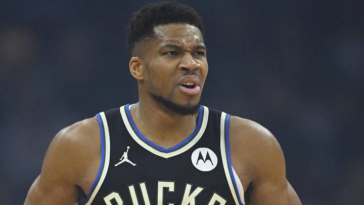 Nov 17, 2025; Cleveland, Ohio, USA; Milwaukee Bucks forward Giannis Antetokounmpo (34) reacts in the first quarter against the Cleveland Cavaliers at Rocket Arena. Mandatory Credit: David Richard-Imagn Images