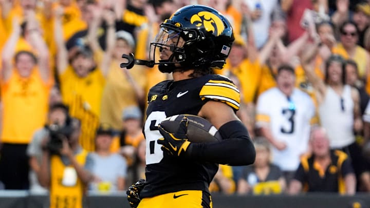 Iowa Hawkeyes wide receiver Seth Anderson (6) scores in the first quarter during a football game against the Massachusetts Minutemen Sept. 13, 2025 at Kinnick Stadium in Iowa City, Iowa.