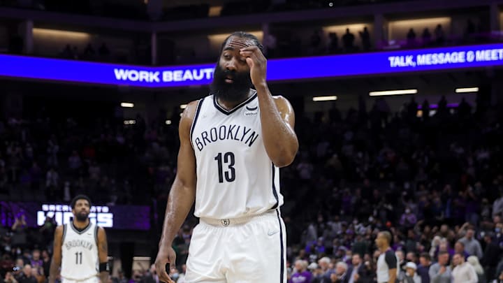 Feb 2, 2022; Sacramento, California, USA; Brooklyn Nets guard James Harden (13) walks off the court during the fourth quarter against the Sacramento Kings at Golden 1 Center. Mandatory Credit: Sergio Estrada-Imagn Images Feb 2, 2022; Sacramento, California, USA; Brooklyn Nets guard James Harden (13) walks off the court during the fourth quarter against the Sacramento Kings at Golden 1 Center. Mandatory Credit: Sergio Estrada-Imagn Images